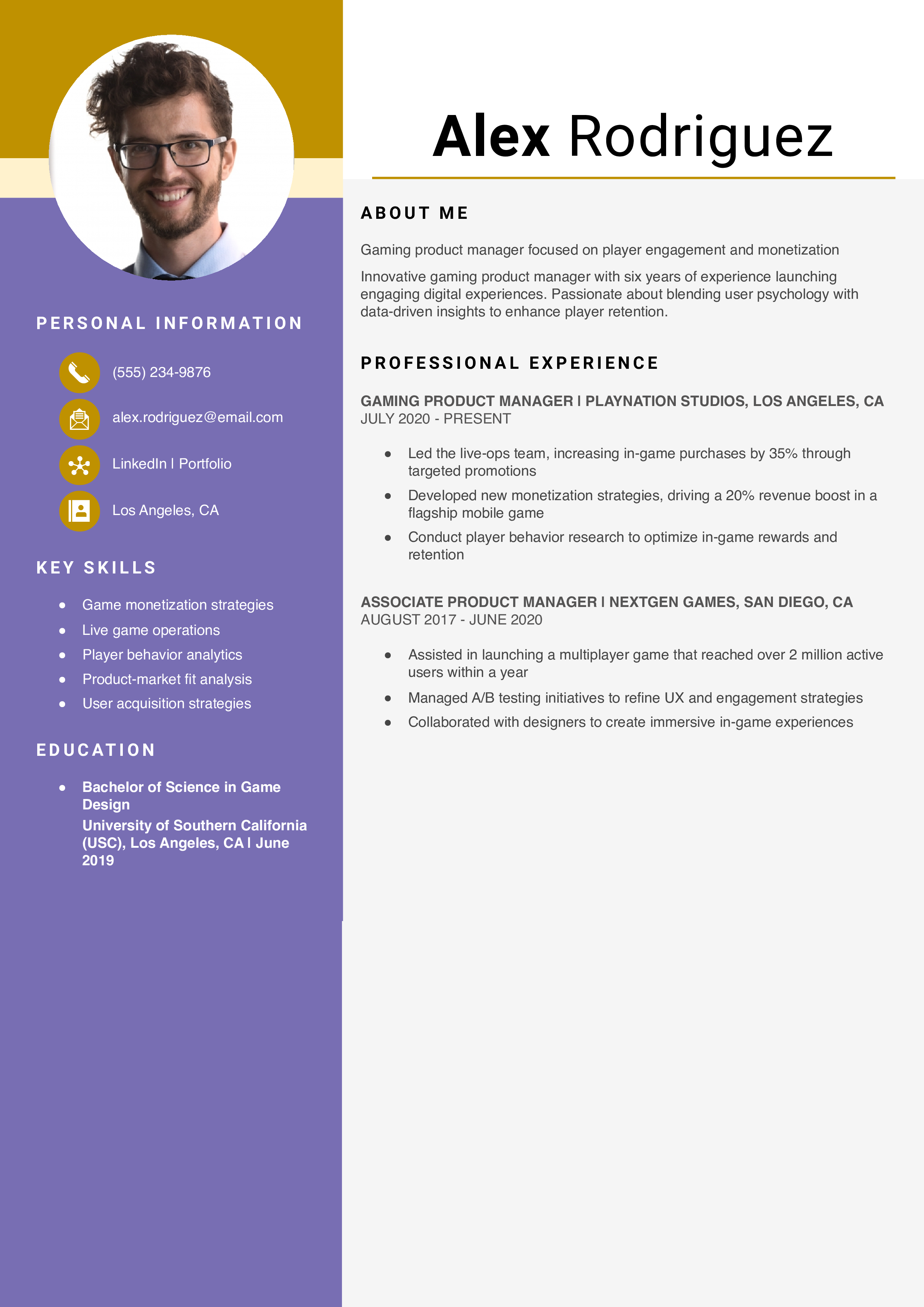 Gaming Product Manager Resume Example