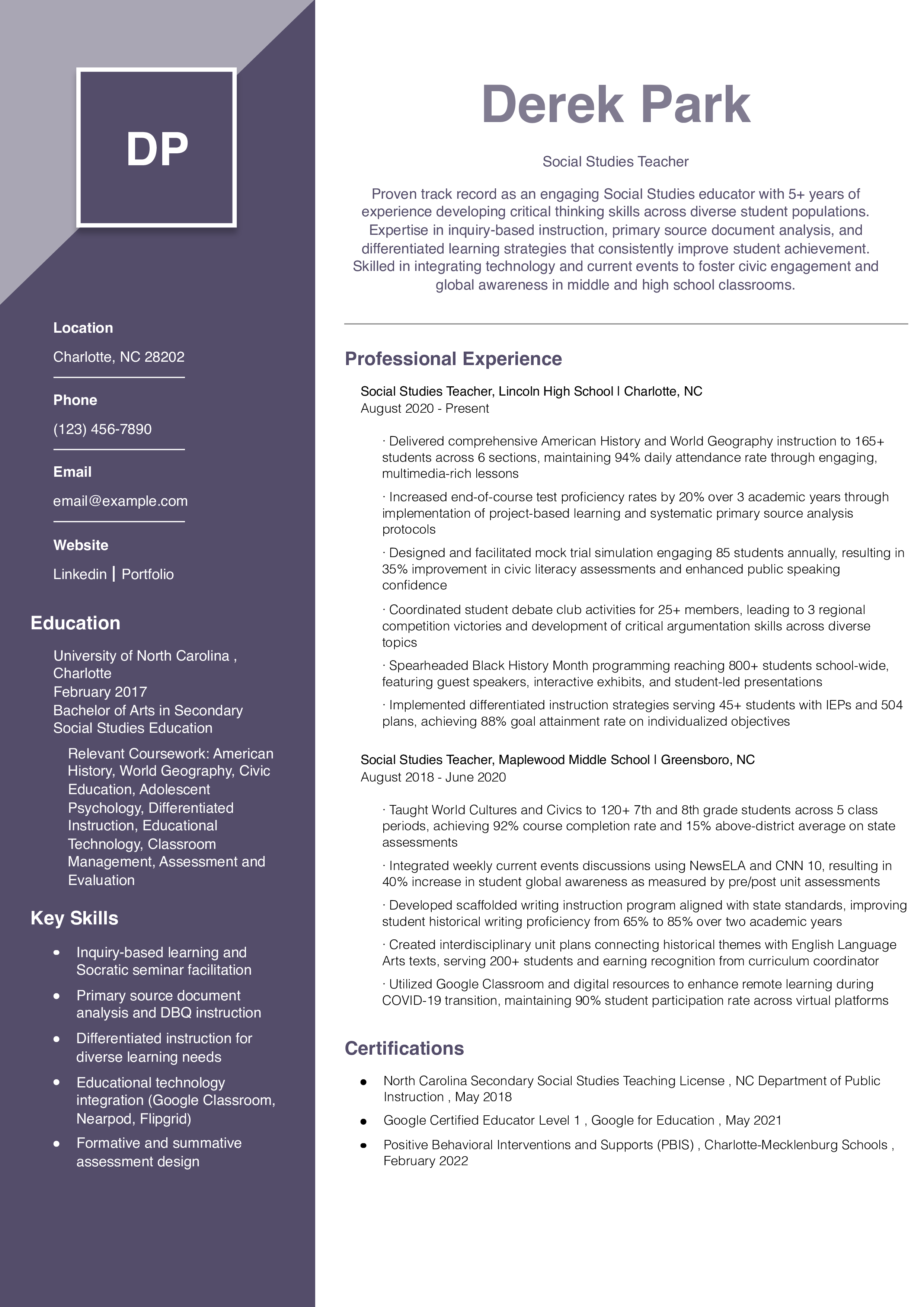 Social Studies Teacher Resume Example