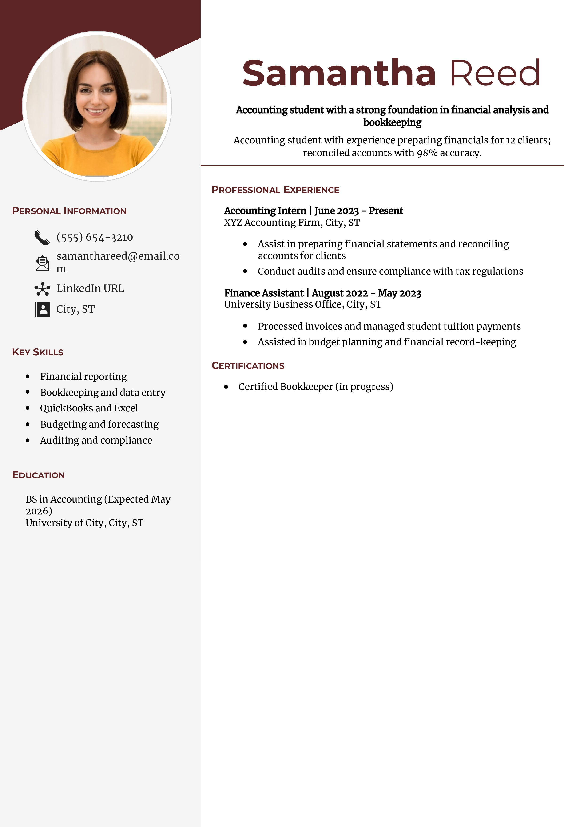Accounting Student Resume Example