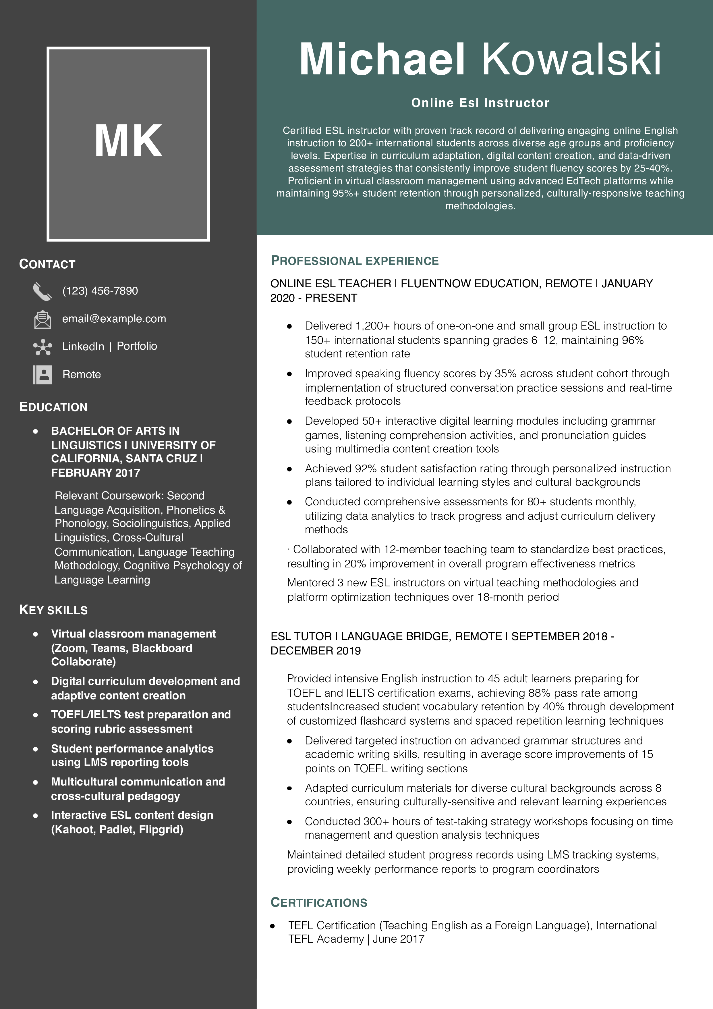 Online Esl Instructor Resume Example