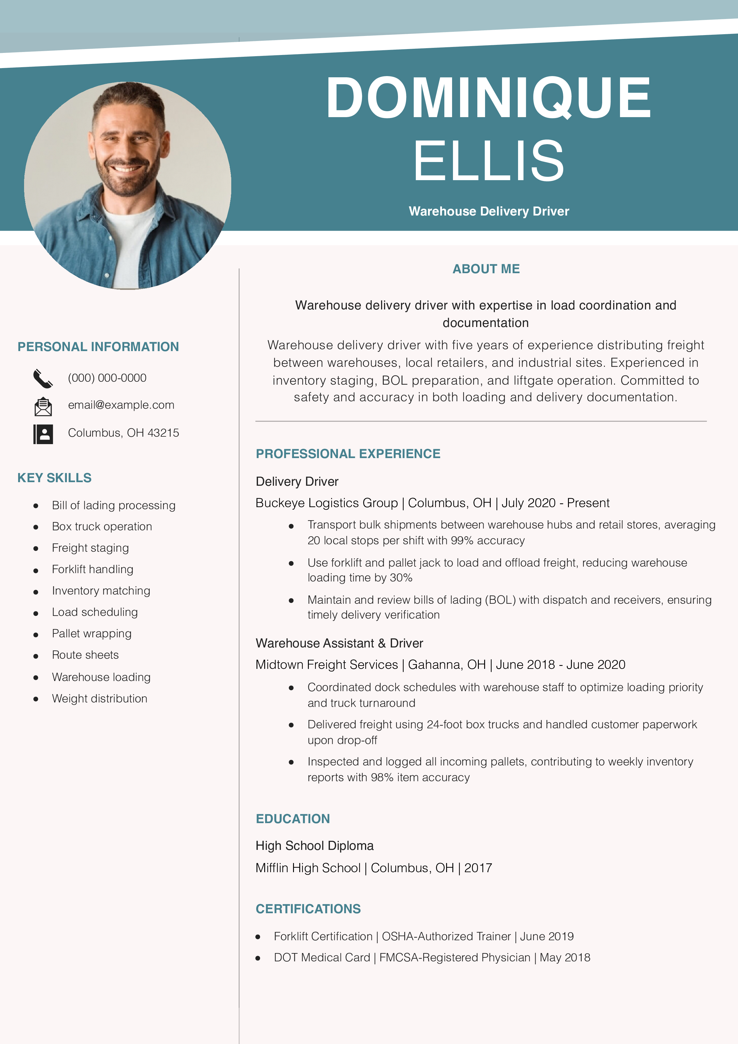 Warehouse Delivery Driver Resume Example