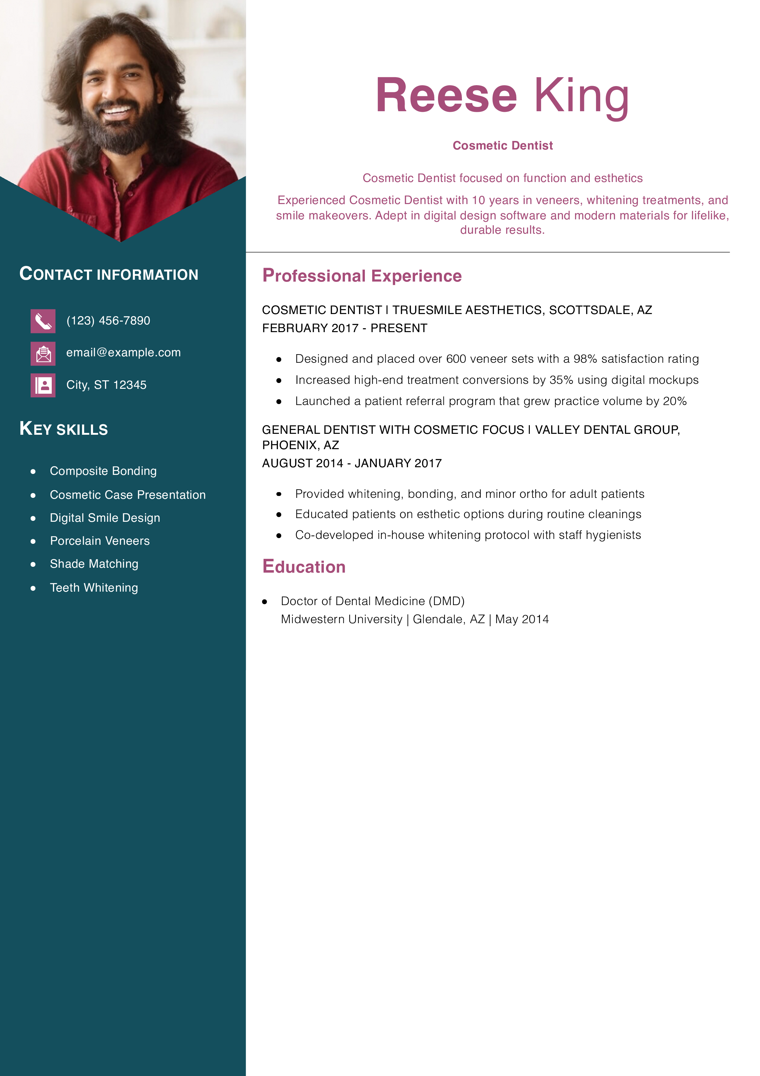 Cosmetic Dentist Resume Example