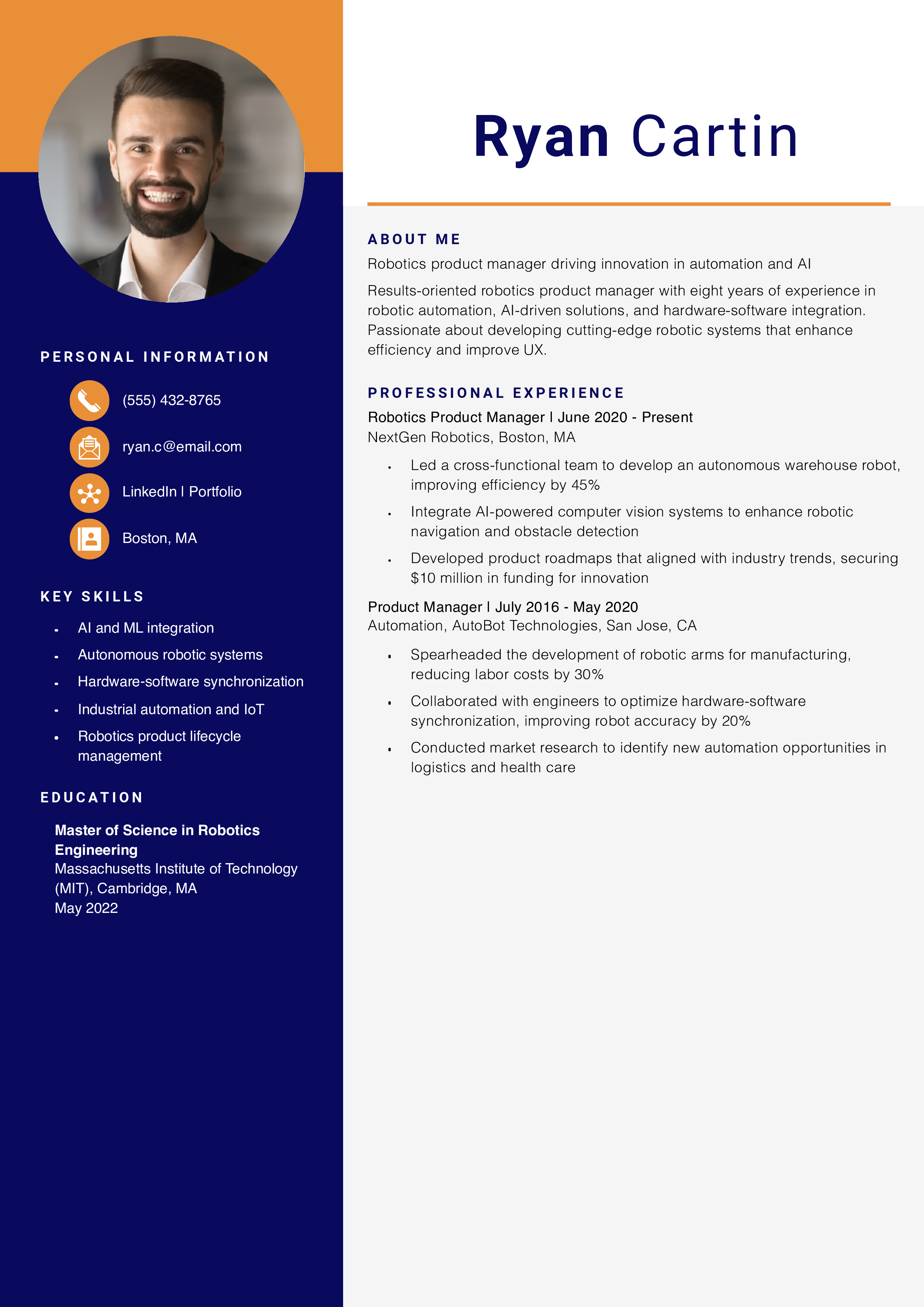 Robotics Product Manager Resume Example