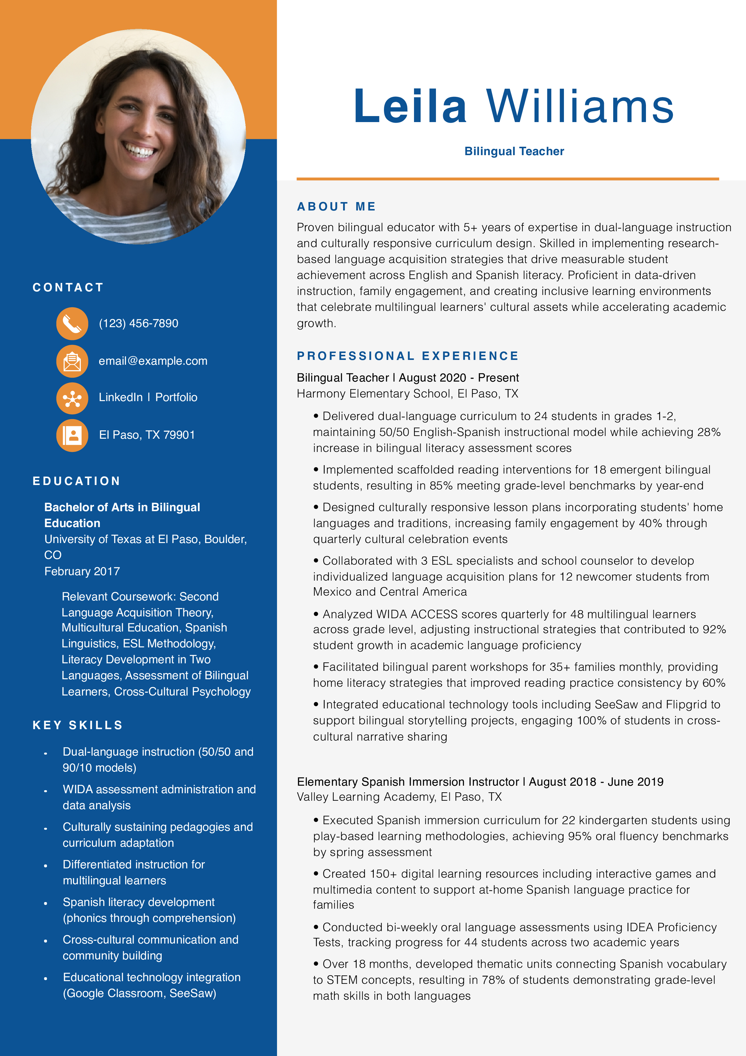 Bilingual Teacher Resume Example