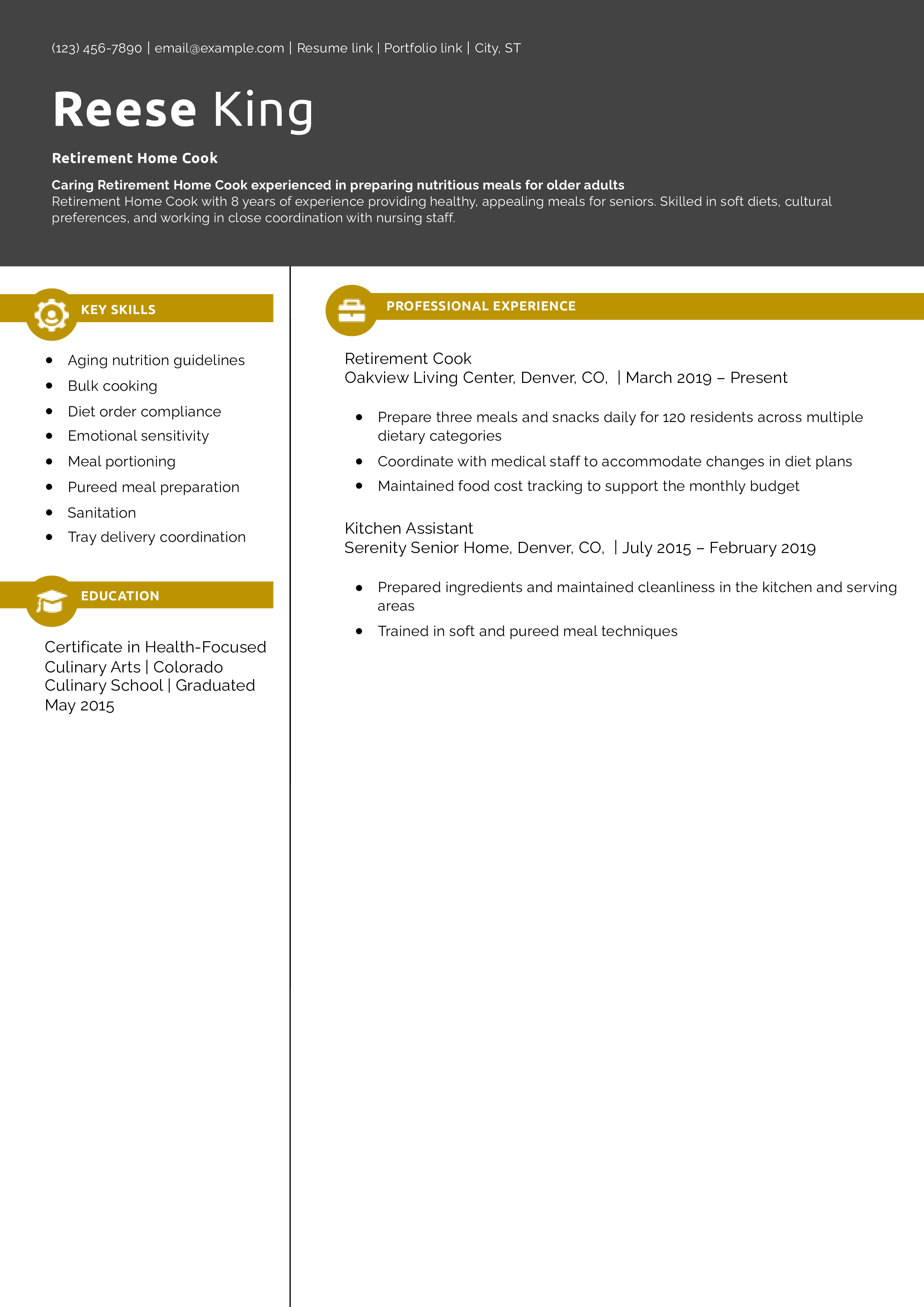 Retirement Home Cook Resume Example