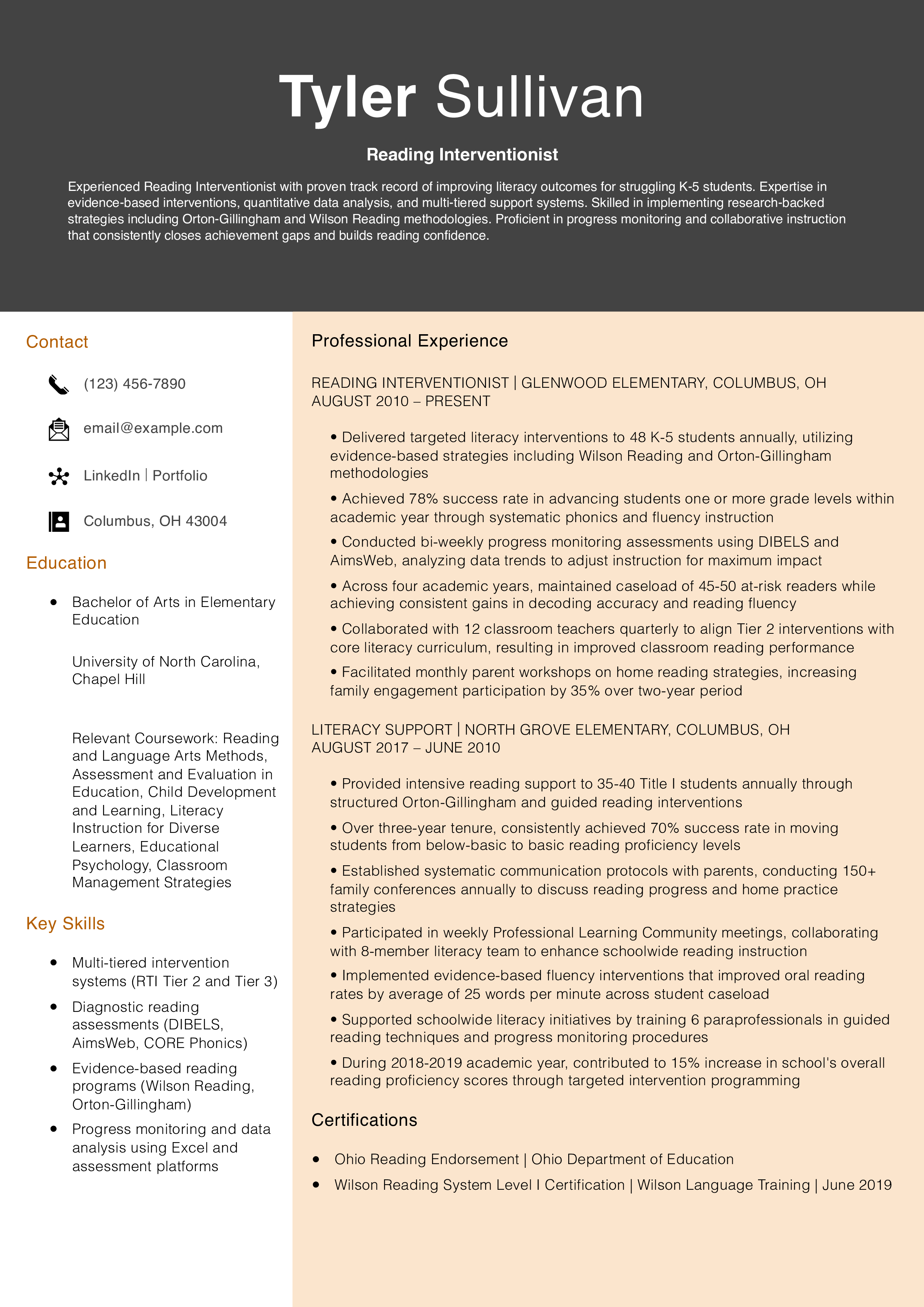 Reading Interventionist Resume Example