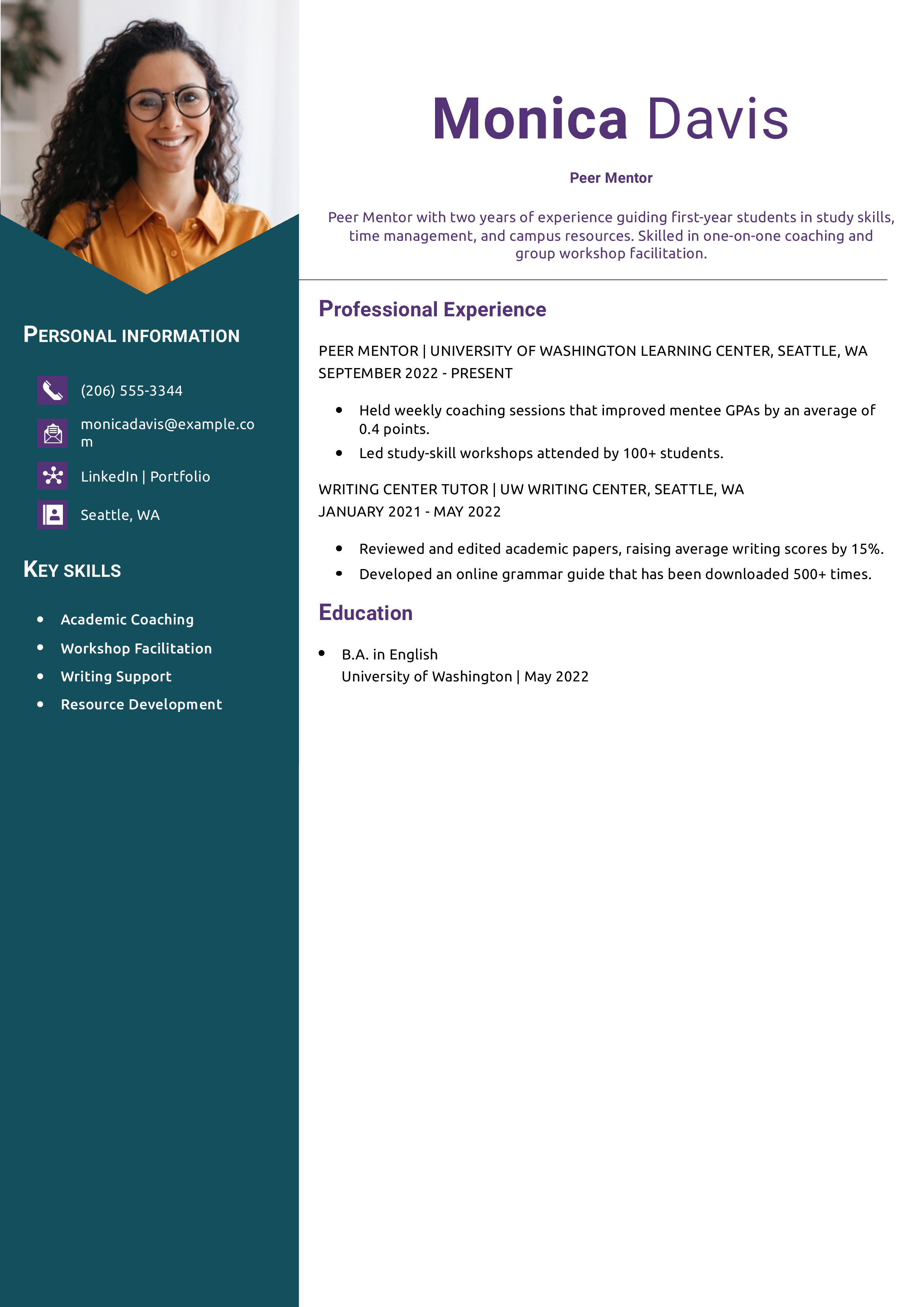 Peer Mentor Resume Example