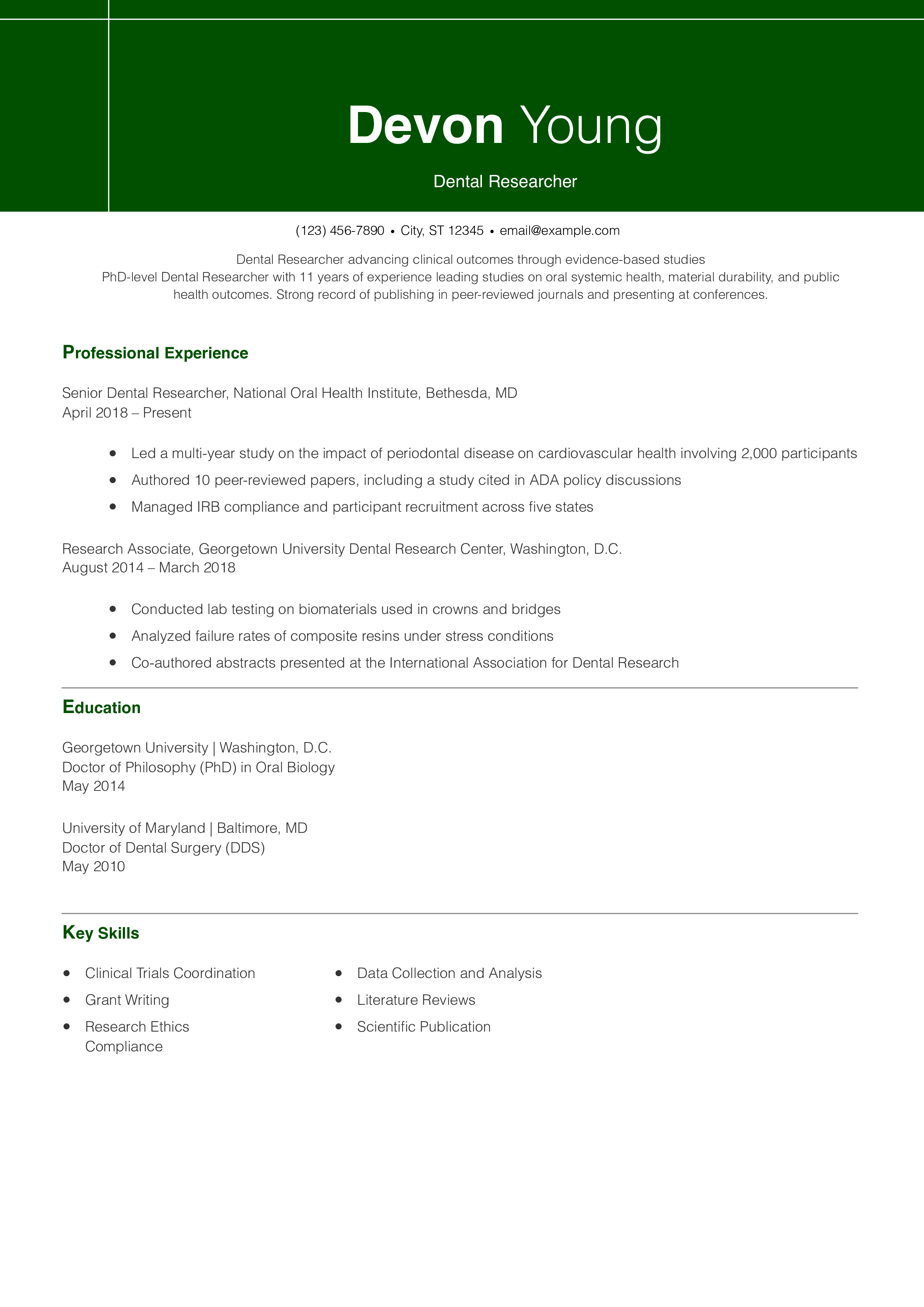 Dental Researcher Resume Example