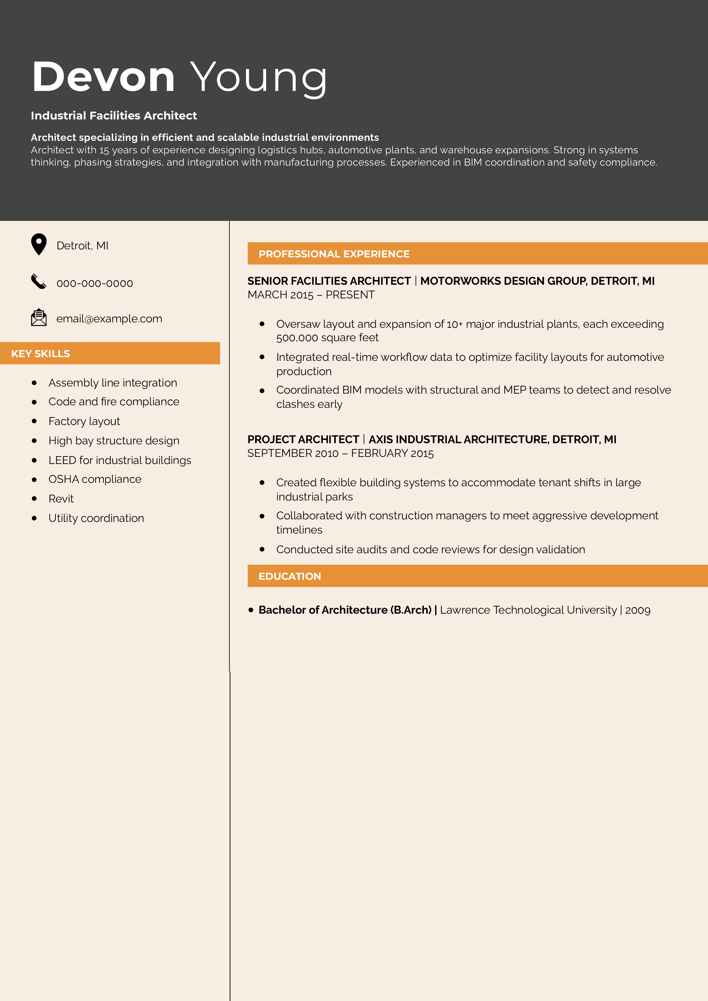 Industrial Facilities Architect resume example