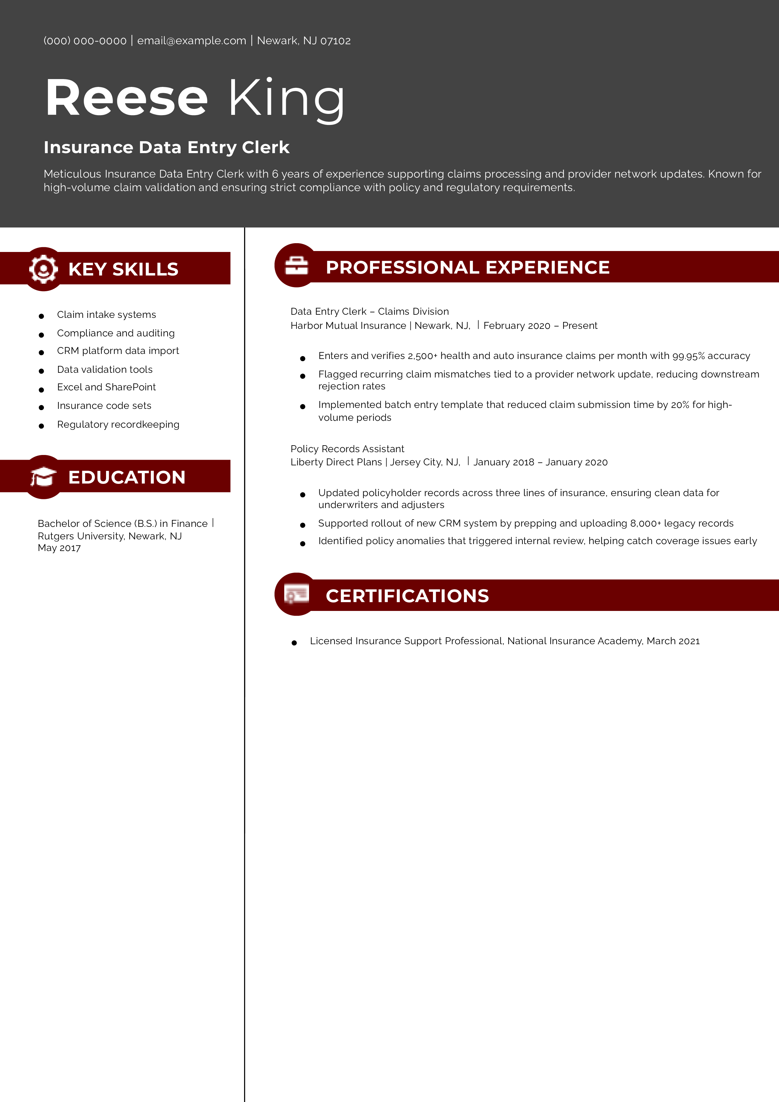 Insurance Data Entry Clerk Resume Example