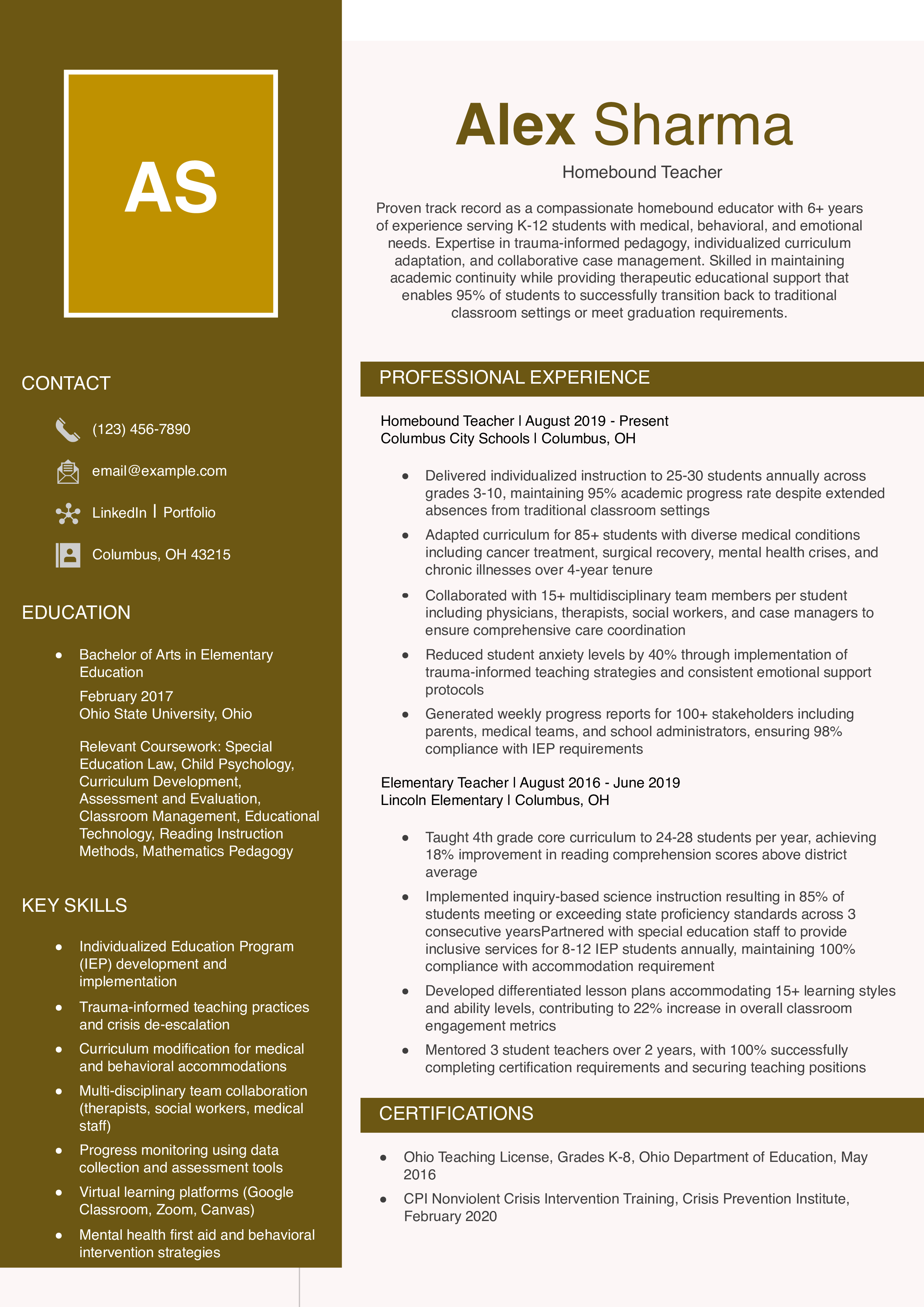 Homebound Teacher Resume Example