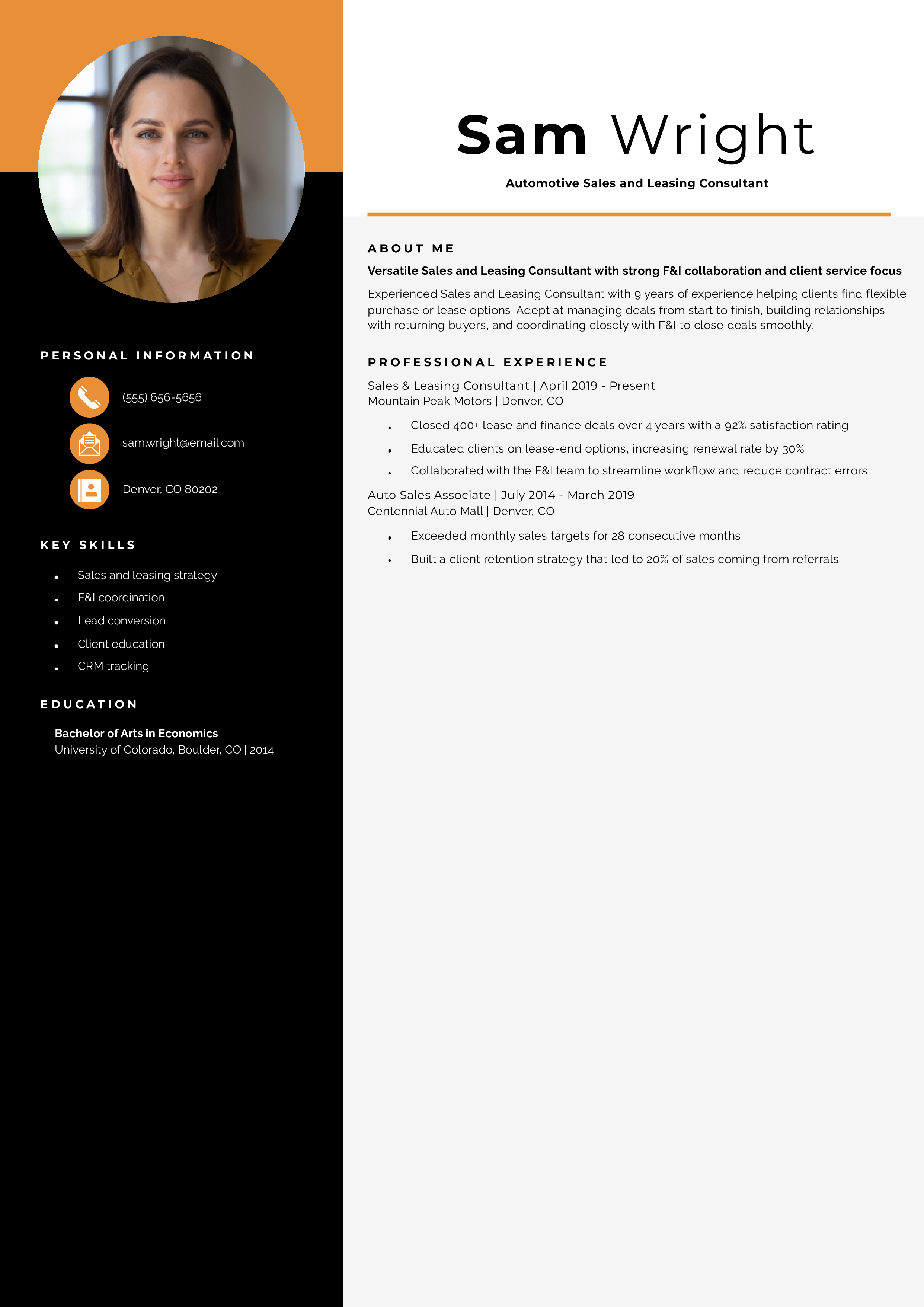 Automotive Sales and Leasing Consultant Text-Only Resume Example