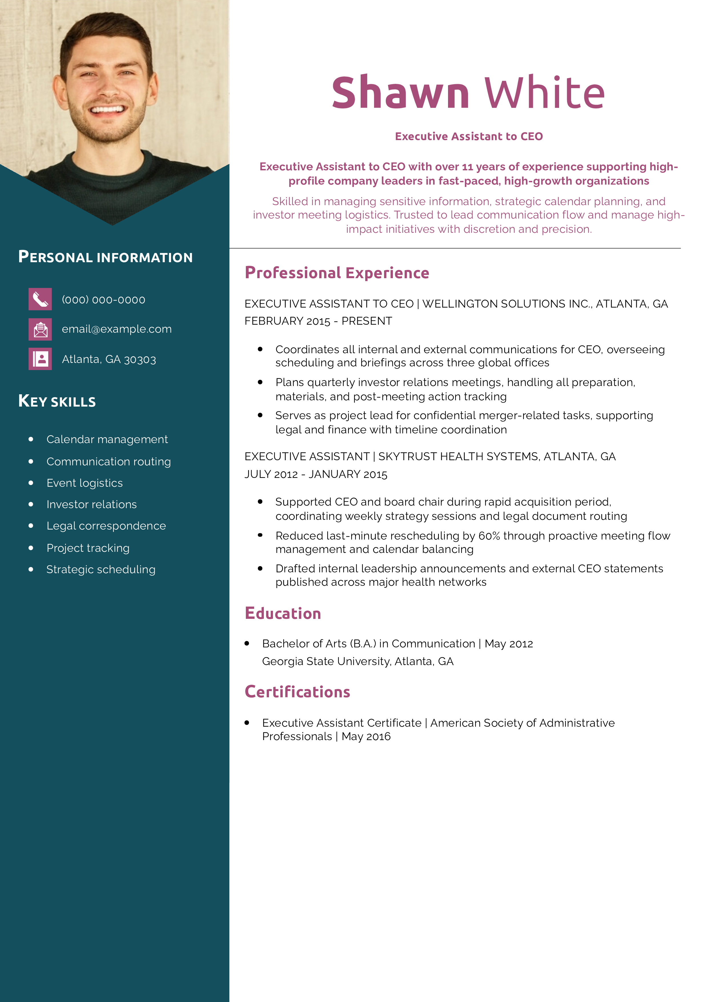Executive Assistant to CEO Resume Example