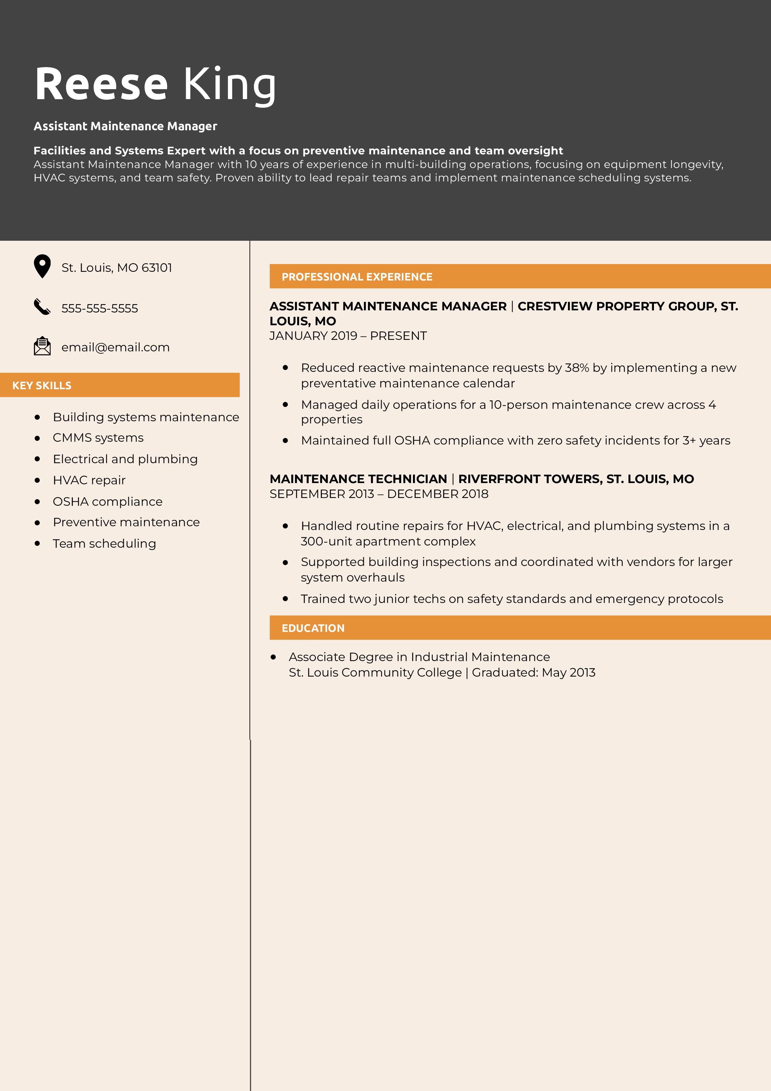 Assistant Maintenance Manager Text-Only Resume Example