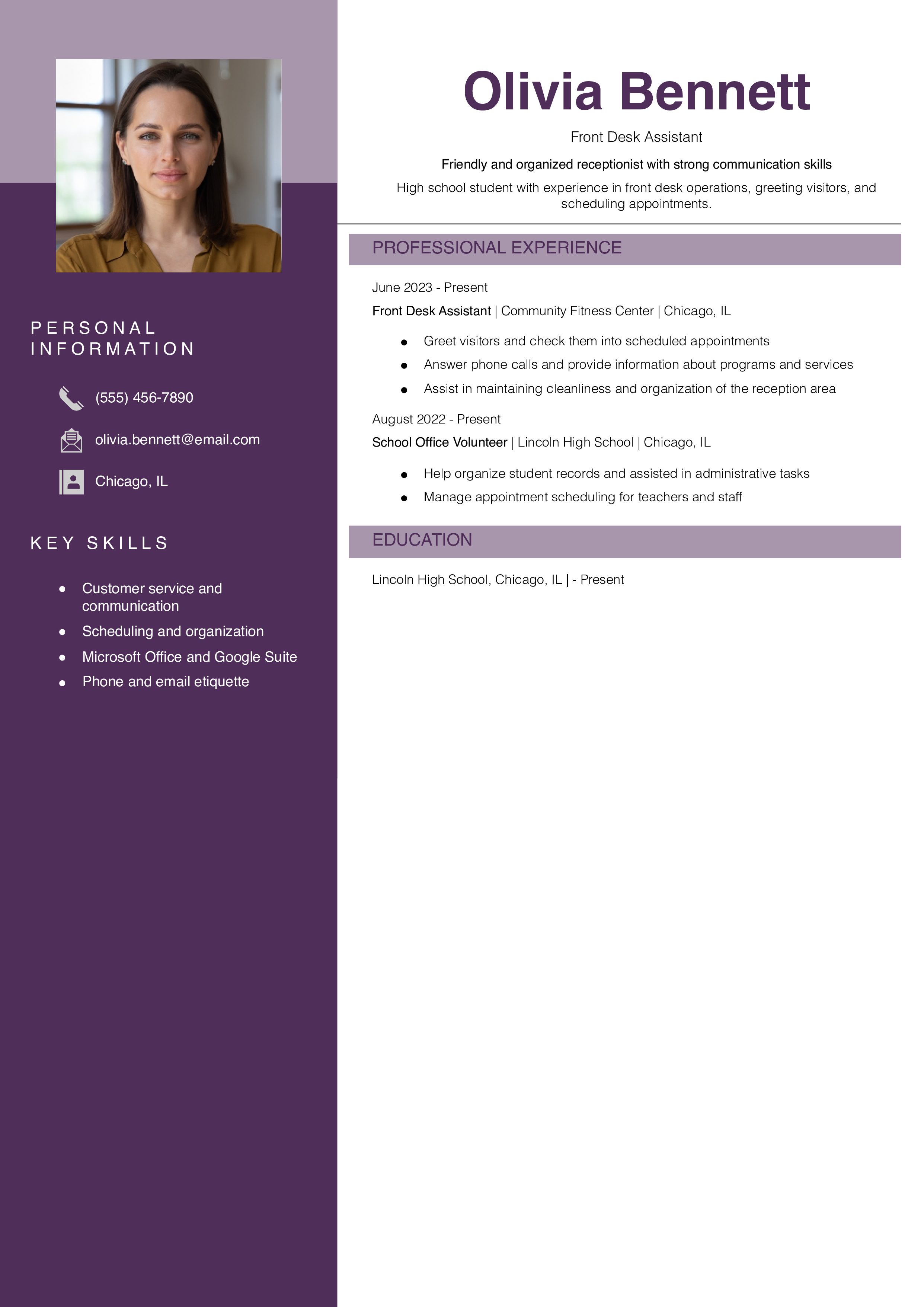 Receptionist Resume for Teens 