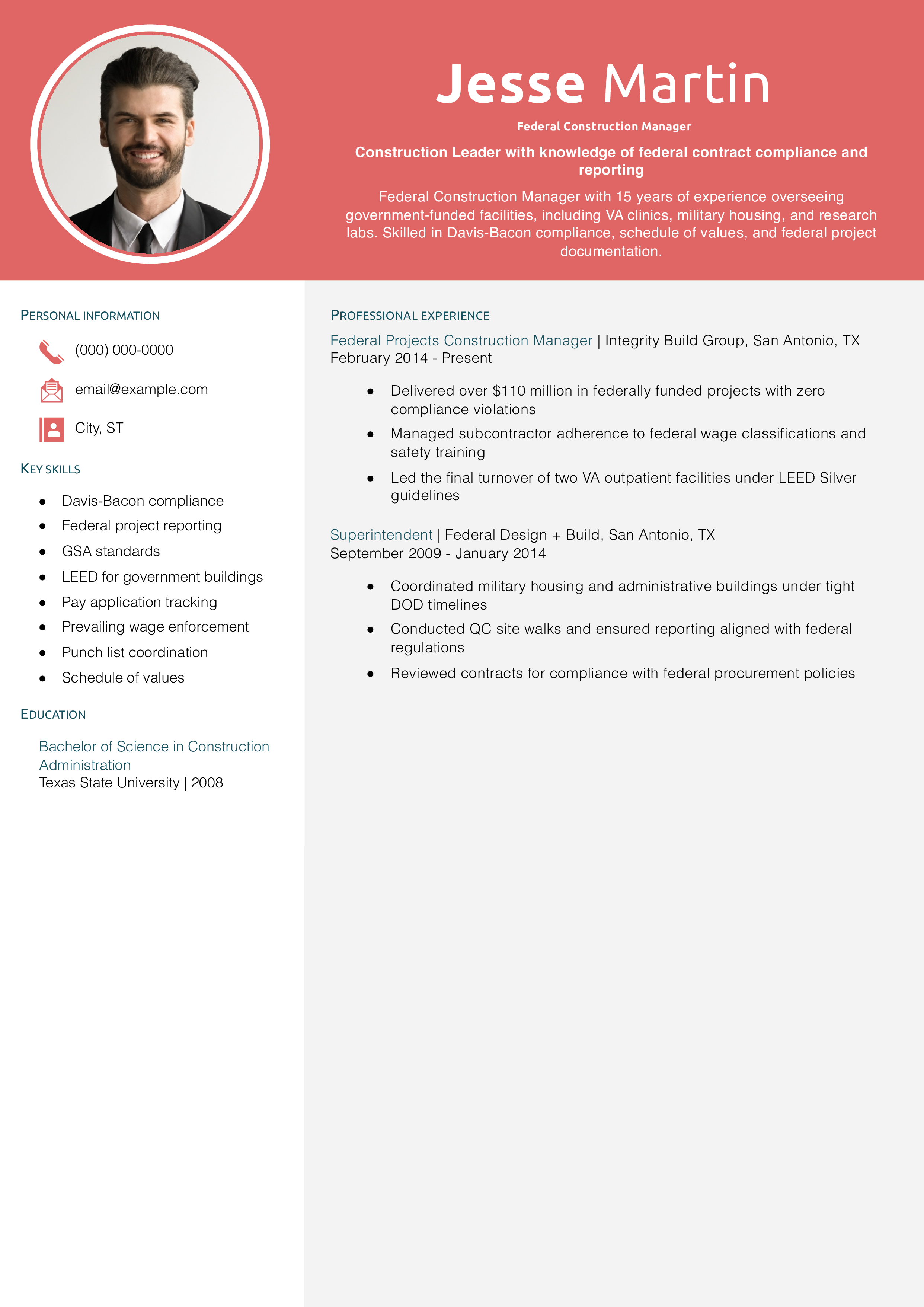 Federal Construction Manager Resume Example