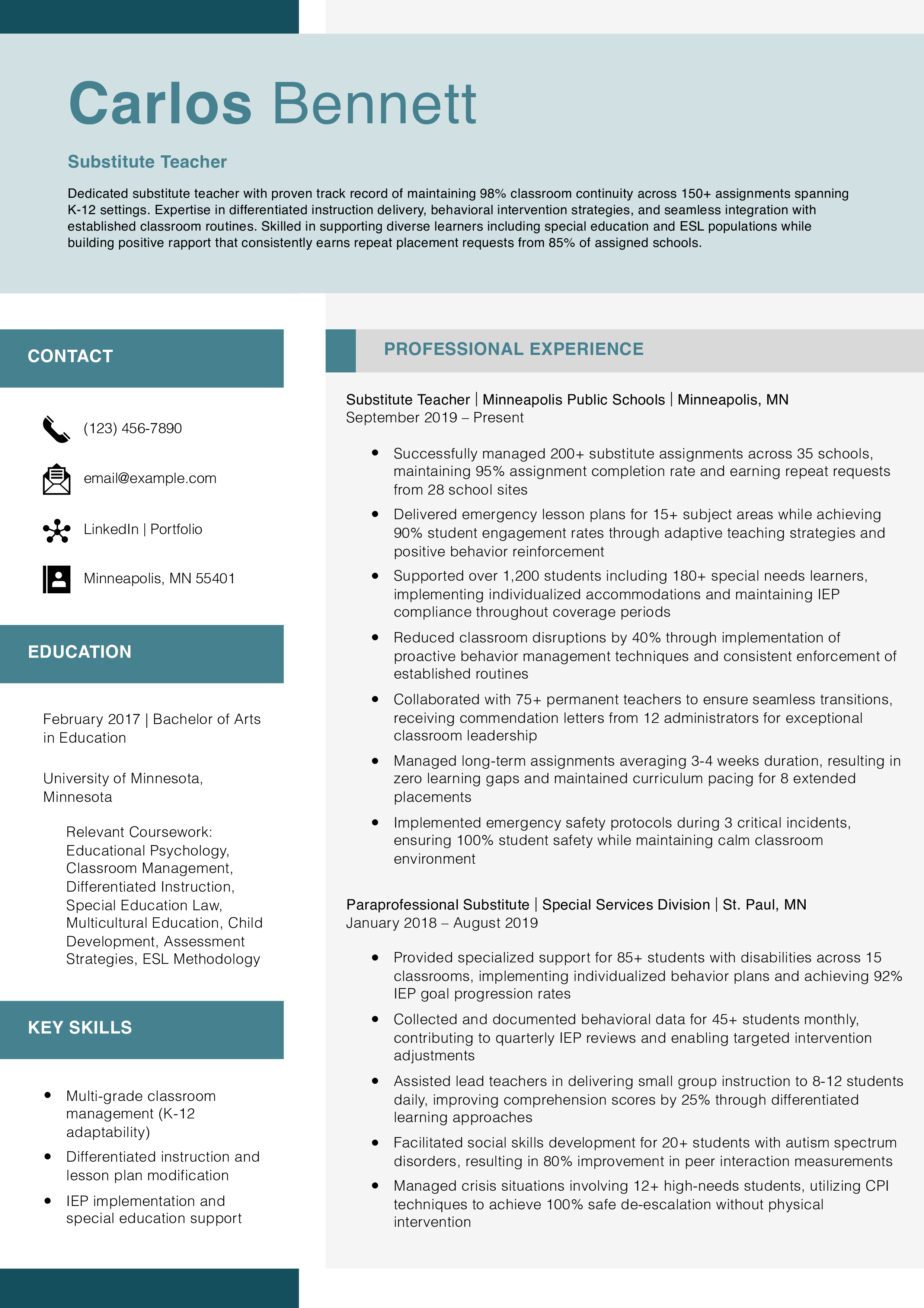 Substitute Teacher Resume Example