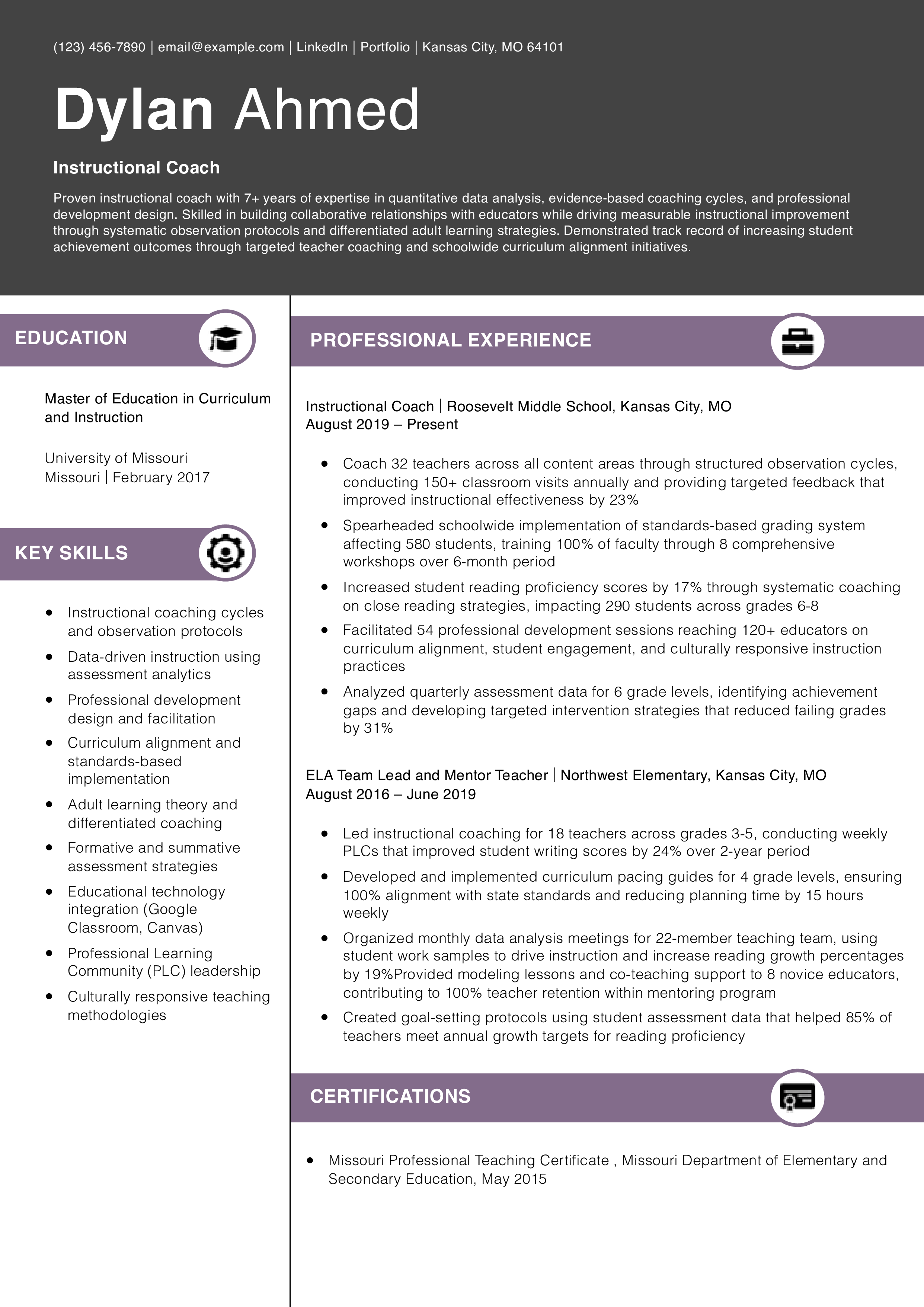 Instructional Coach Resume Example