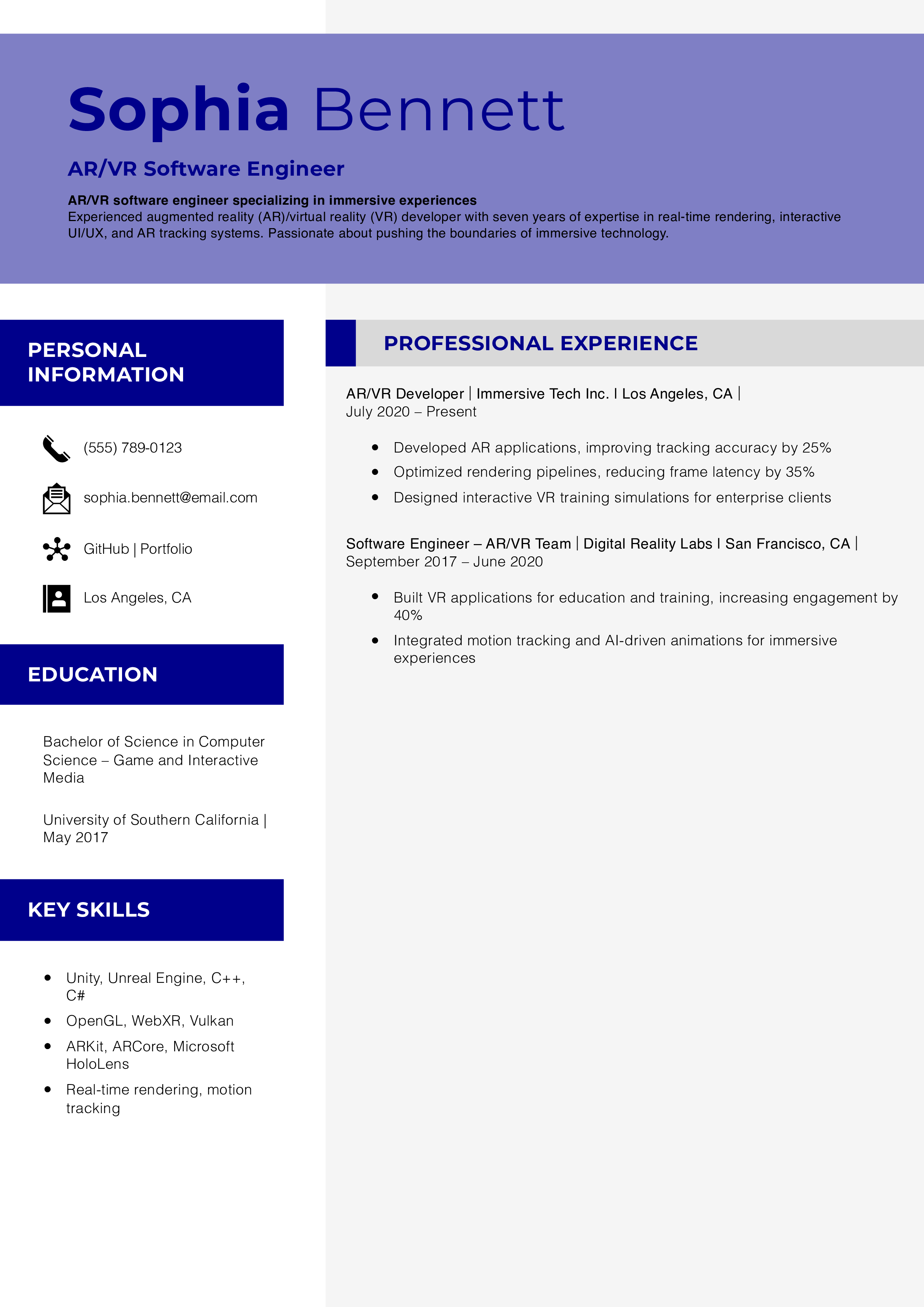 AR/VR Software Engineer Resume